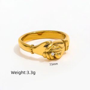 Bague plaqué or 18 carats mode artistique vif poignée de main zircone acier inoxydable bague tendance pour les femmes