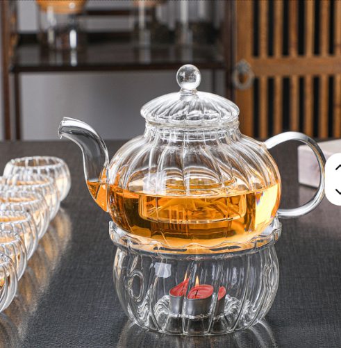 Service à thé en verre résistant aux hautes températures Théière transparente à fleurs de citrouille rayée Filtre théière intérieure 600ml – Image 6